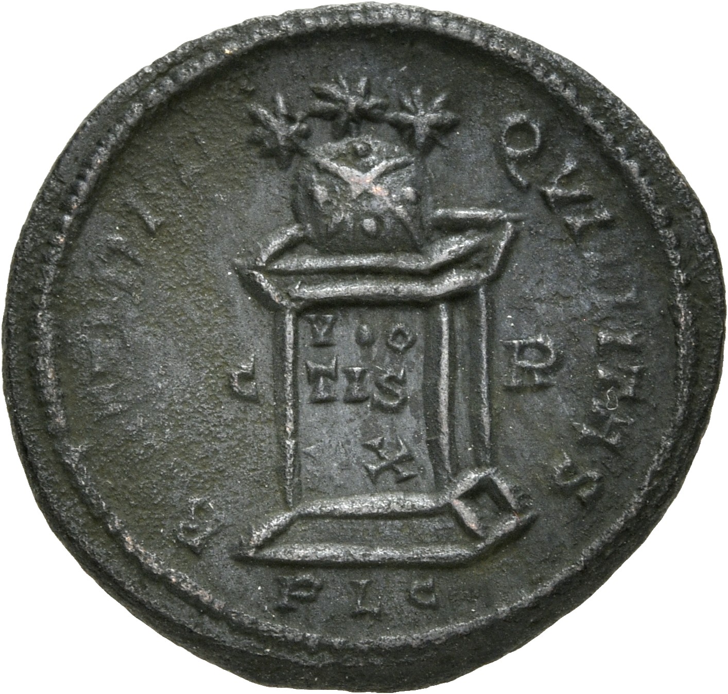 RIC VII Lugdunum 153 Constantine I reverse, Globe on altar inscribed VOT/IS/XX; above, three stars