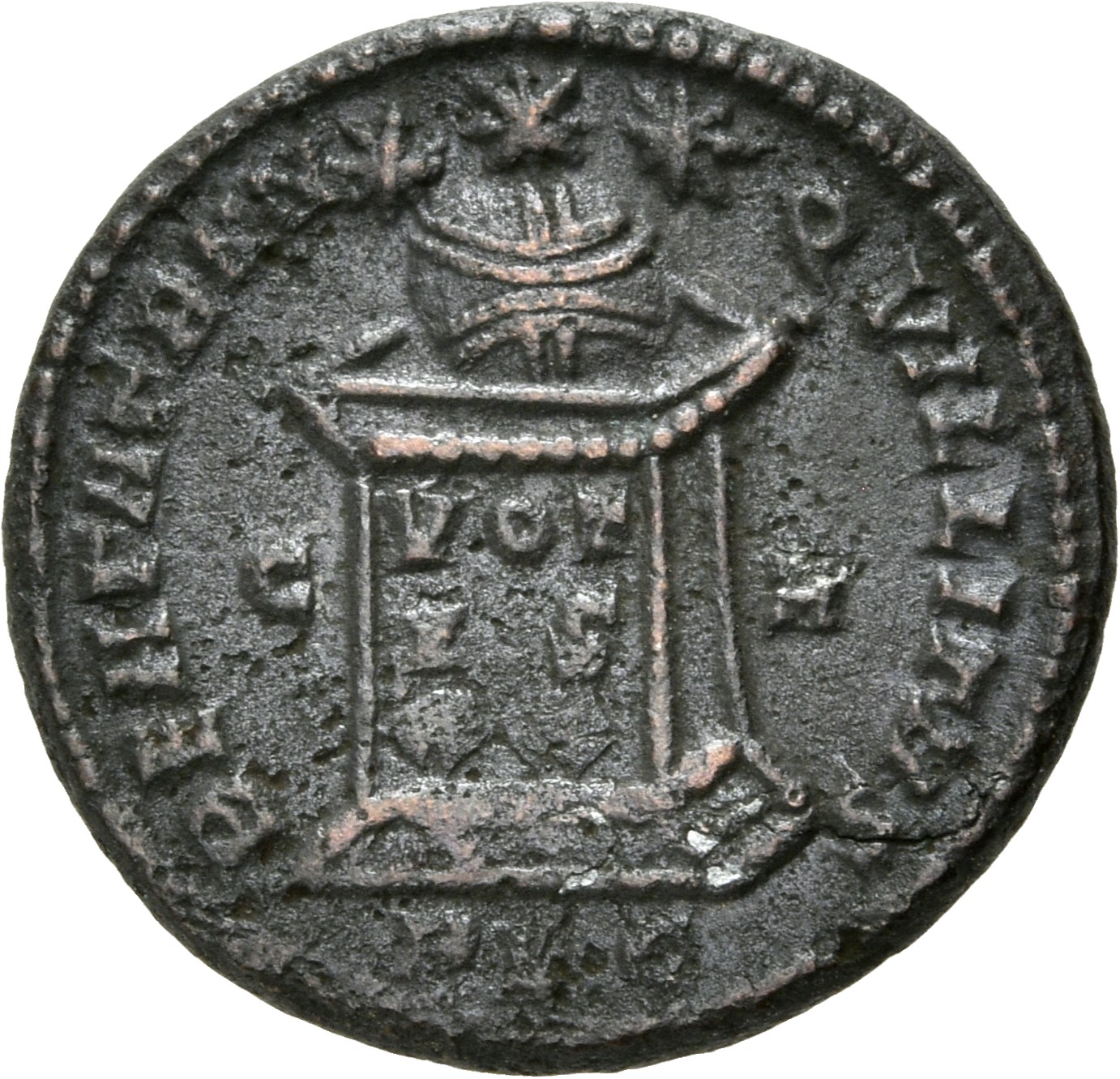 RIC VII Lugdunum 155 Constantine I reverse, Globe on altar inscribed VOT/IS/XX; above, three stars