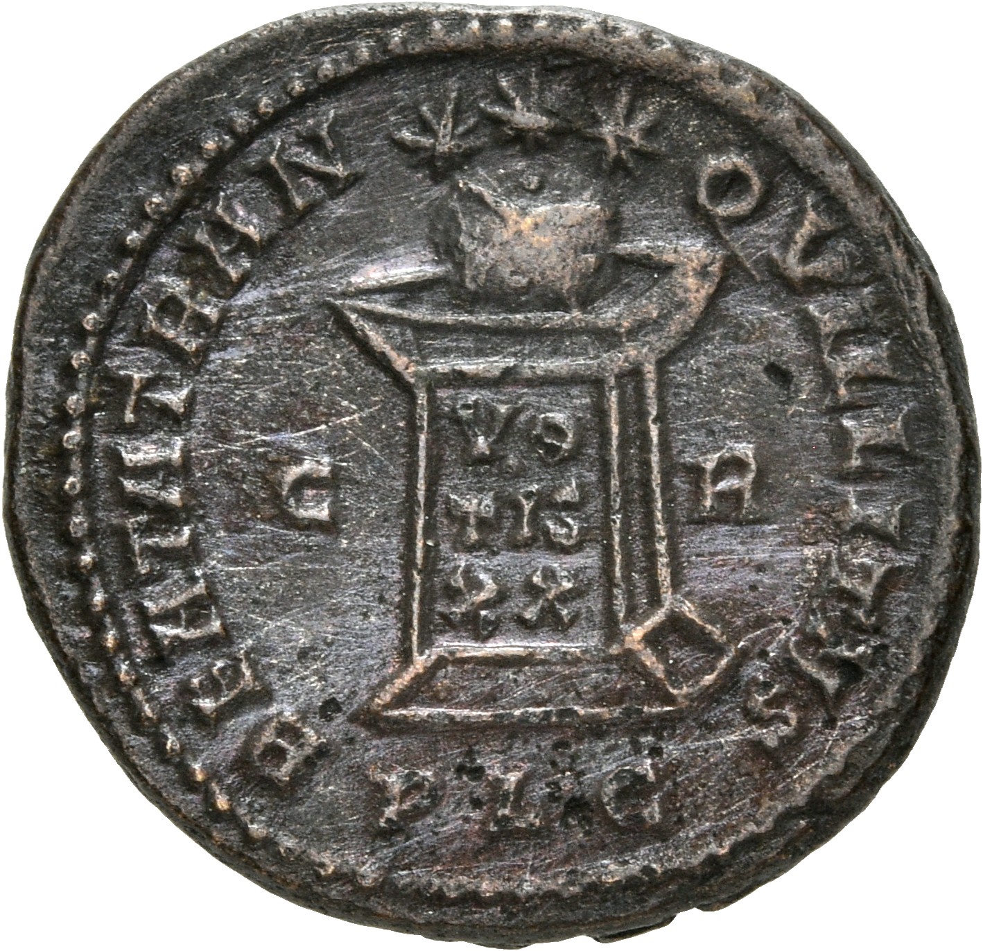 RIC VII Lugdunum 157 Constantine I reverse, Globe on altar inscribed VOT/IS/XX; above, three stars