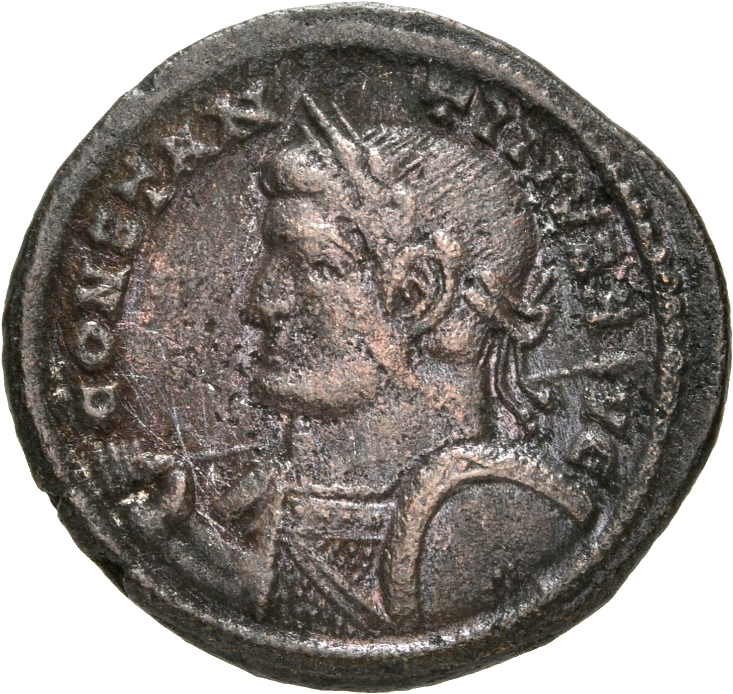 RIC VII Lugdunum 157 Constantine I obverse, Bust of Constantine I, helmeted, cuirassed, left, holding spear across right s...