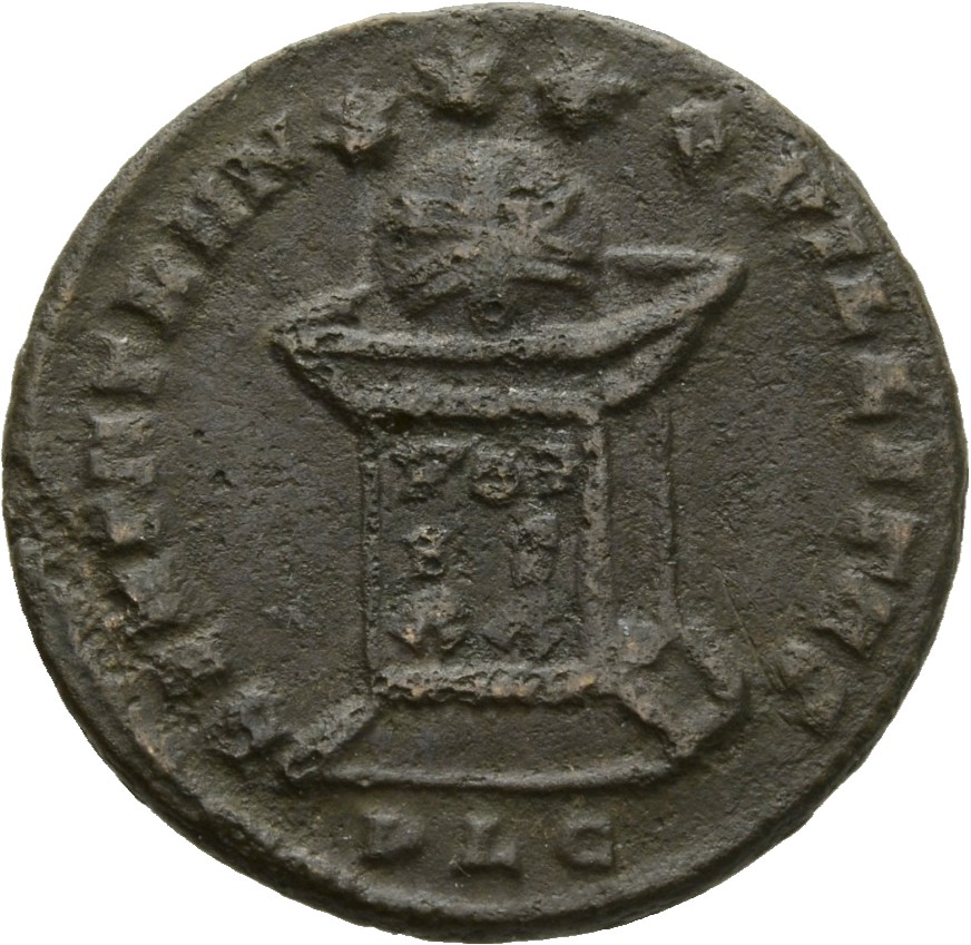 RIC VII Lugdunum 198 Constantine I reverse, Globe on altar inscribed VOT/IS/XX; above, three stars