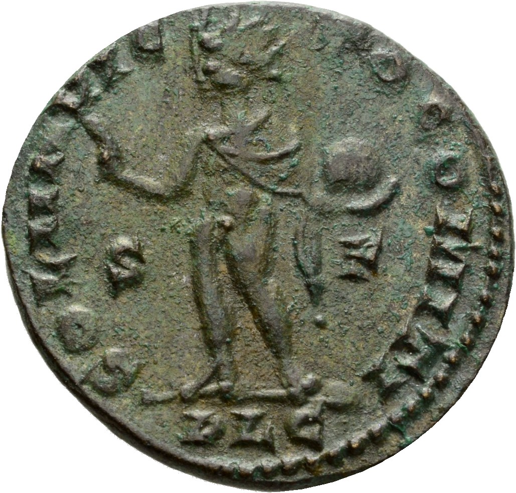 RIC VII Lugdunum 2 Constantine I reverse, Sol, radiate, standing left, chlamys draped across left shoulder, raising right ...