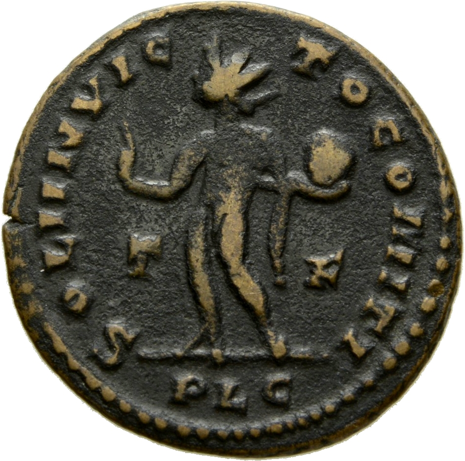 RIC VII Lugdunum 20 Constantine I reverse, Sol, radiate, standing left, chlamys draped across left shoulder, raising right...