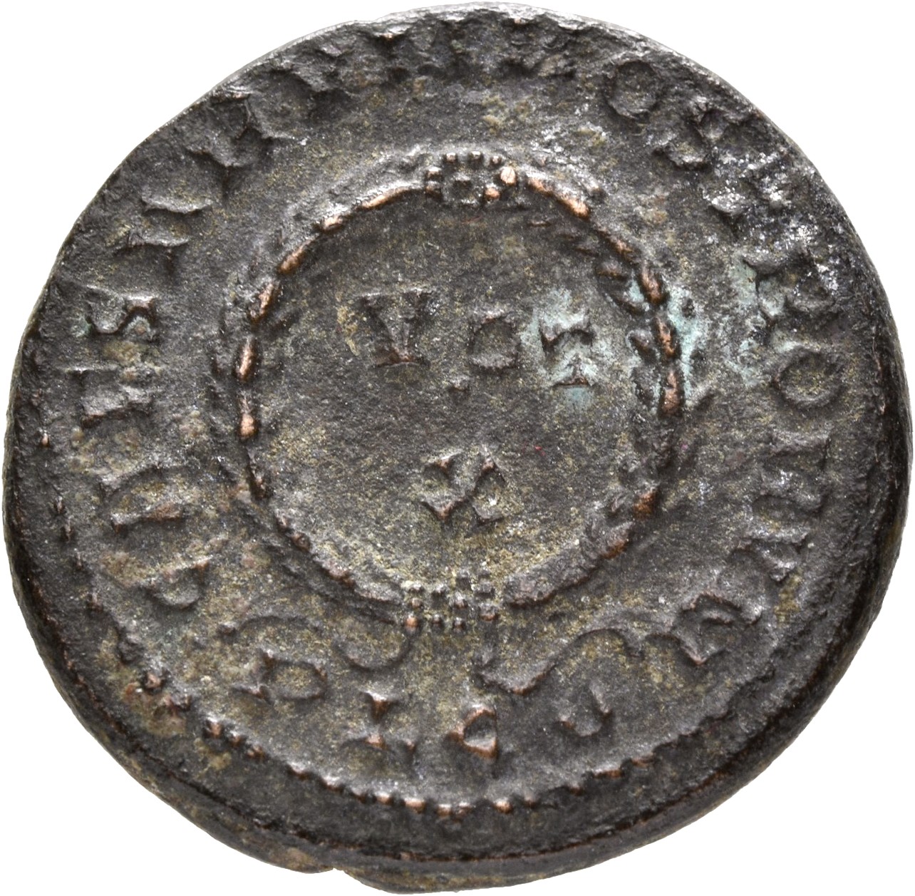 RIC VII Lugdunum 210 Constantine I reverse, VOT/X within a laurel wreath