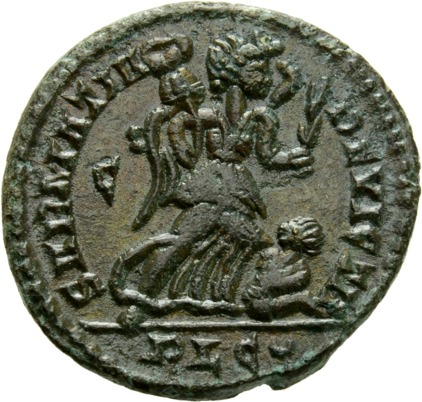 RIC VII Lugdunum 214 Constantine I reverse, Victory, winged, draped, advancing right, holding trophy on right arm and bran...