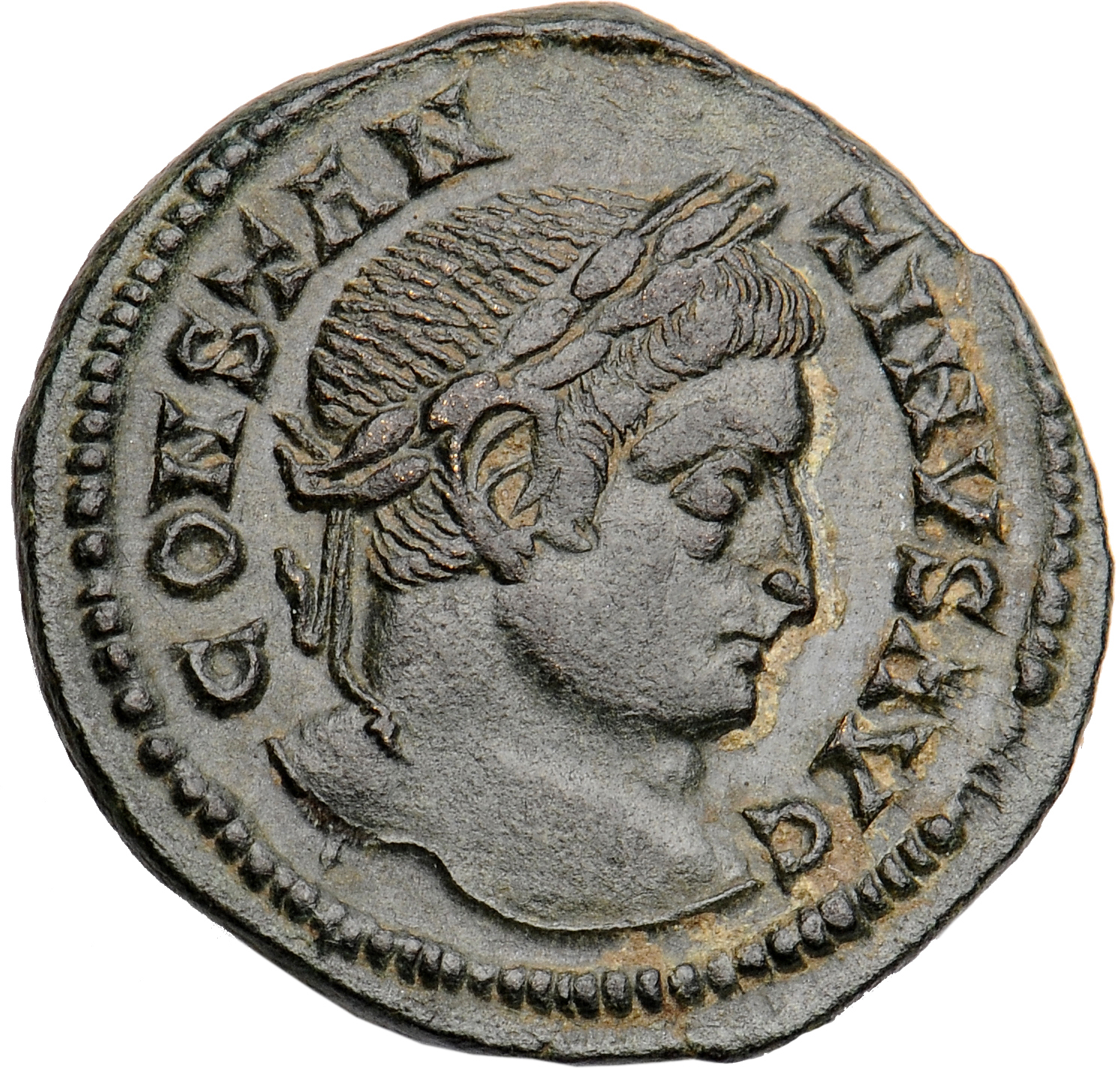 Constantine I obverse — Head of Constantine I, laureate, right