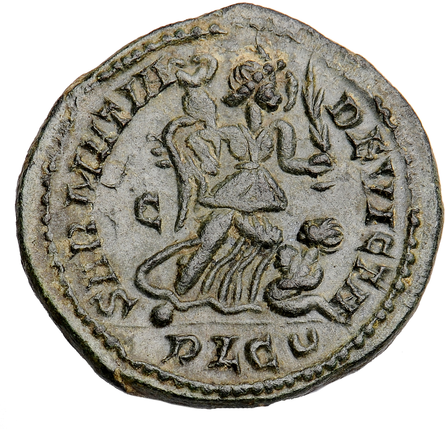 Constantine I reverse — Victory, winged, draped, advancing right, holding trophy on right arm and branch in left hand, spurning a seated captive