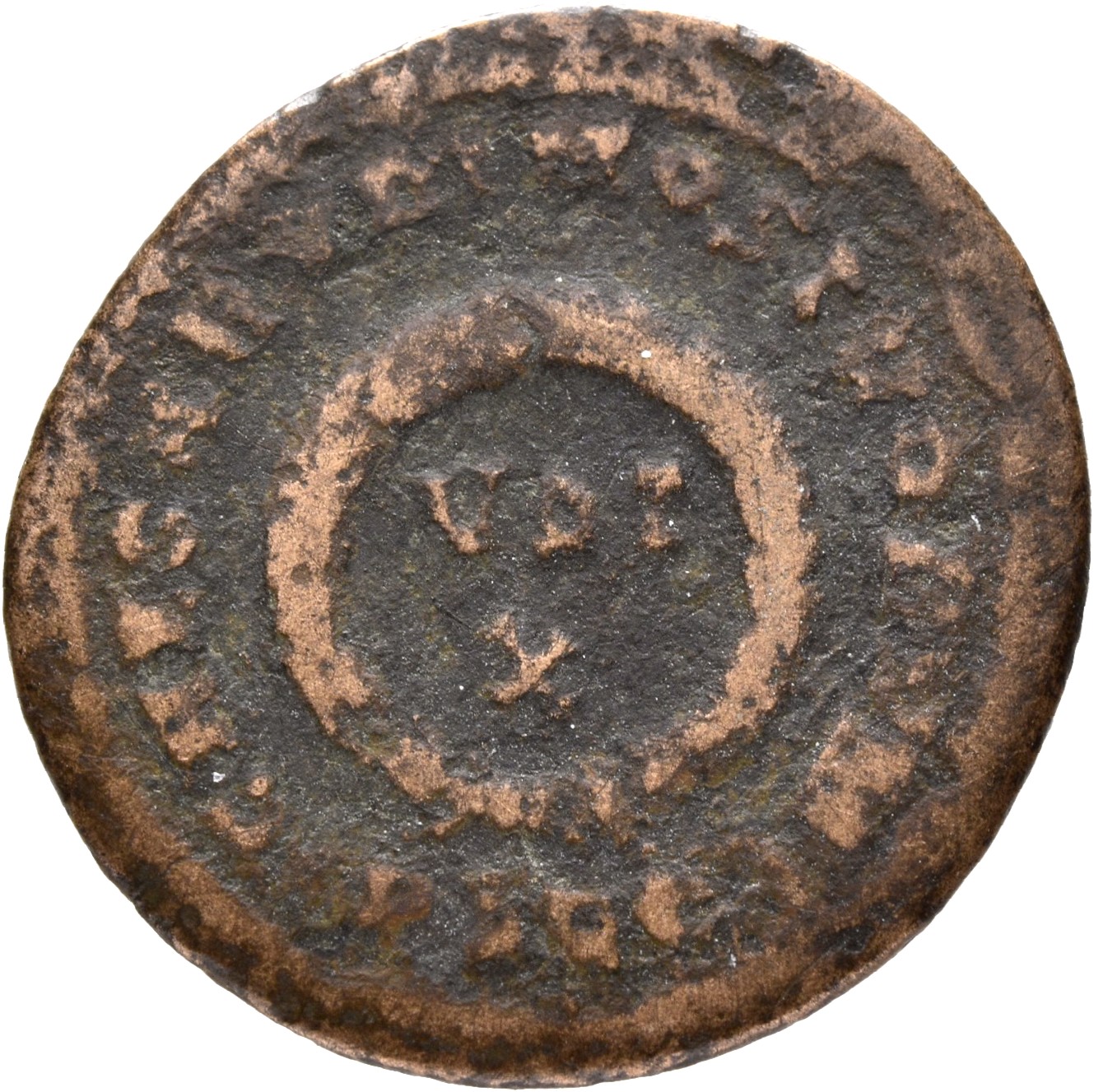RIC VII Lugdunum 215 Constantine I reverse, VOT/X within a laurel wreath
