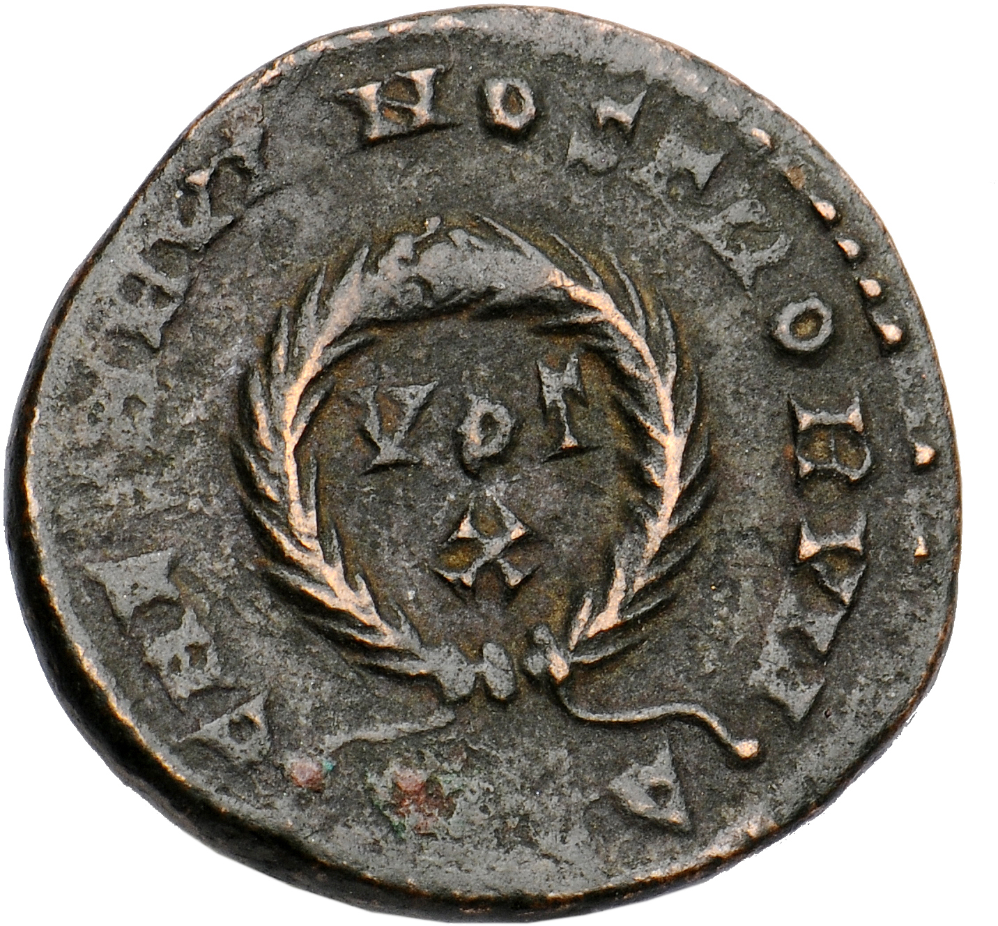 RIC VII Lugdunum 216 Constantine I reverse, VOT/X within a laurel wreath