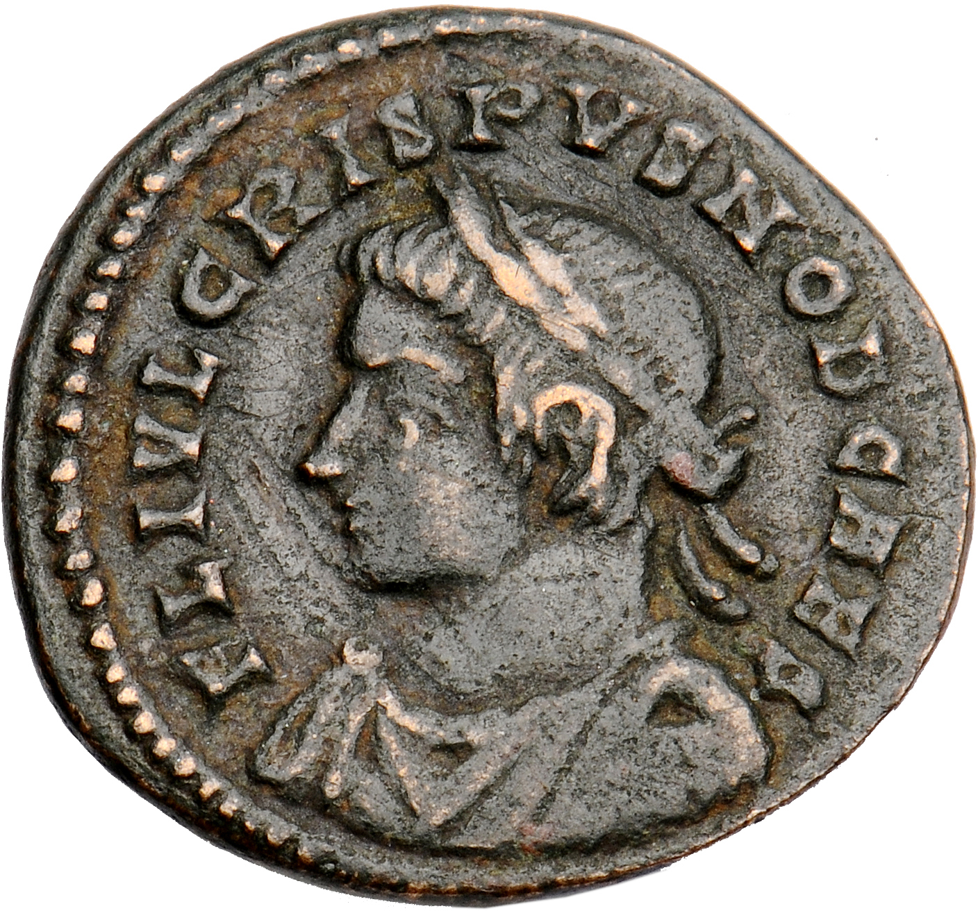 RIC VII Lugdunum 216 Constantine I obverse, Bust of Crispus, laureate, draped, cuirassed, left