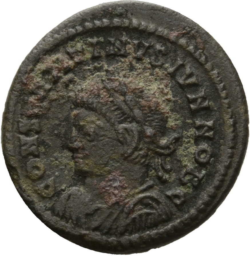 RIC VII Lugdunum 224 Constantine I obverse, Bust of Constantine II, laureate, draped, cuirassed, left