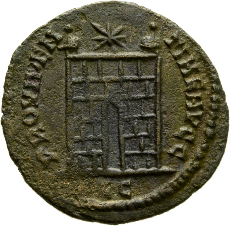 RIC VII Lugdunum 225 Constantine I reverse, Camp gate with two turrets, without doors, with six stone layers; star above