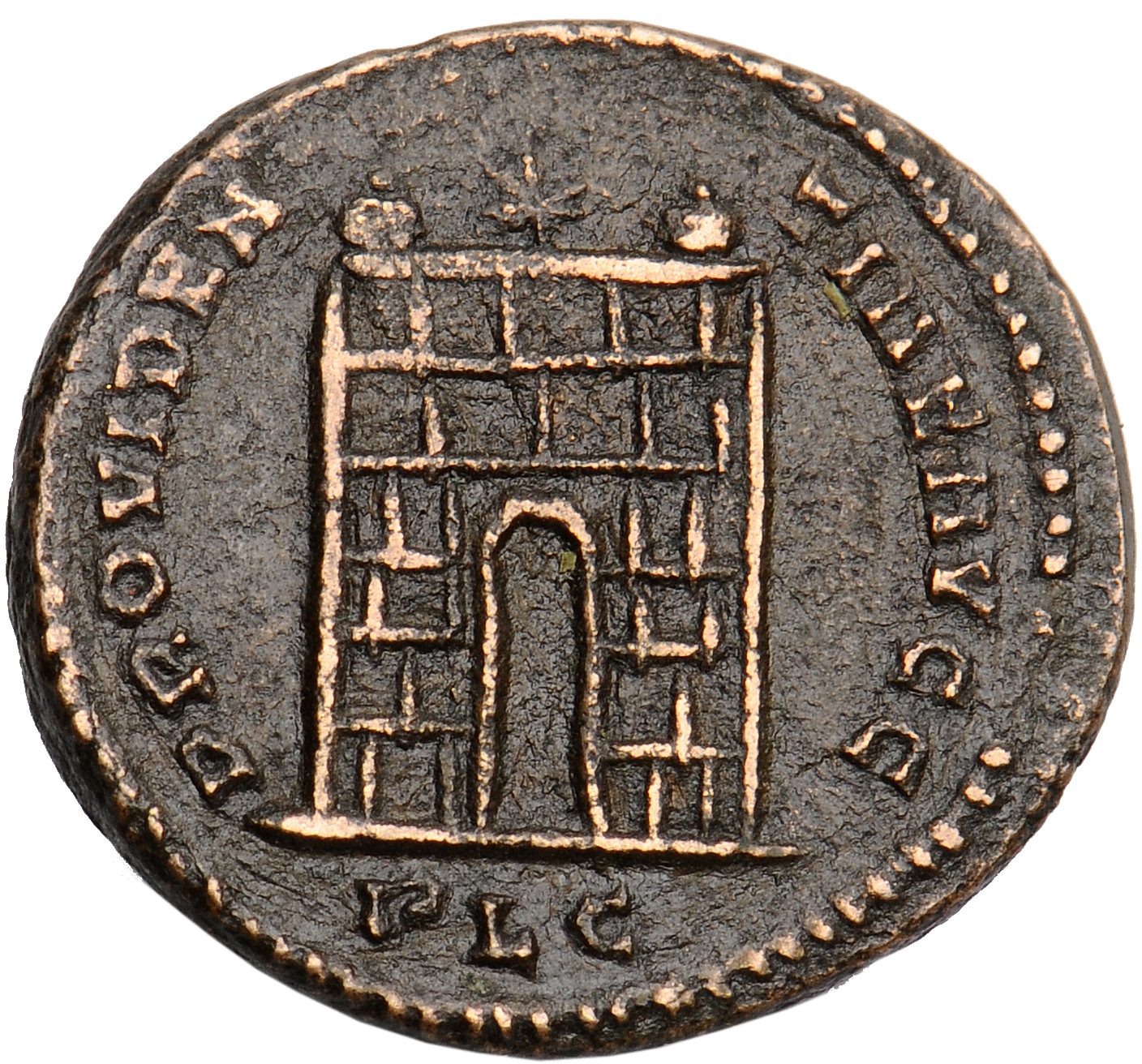 RIC VII Lugdunum 225 Constantine I reverse, Camp gate with two turrets, without doors, with six stone layers; star above