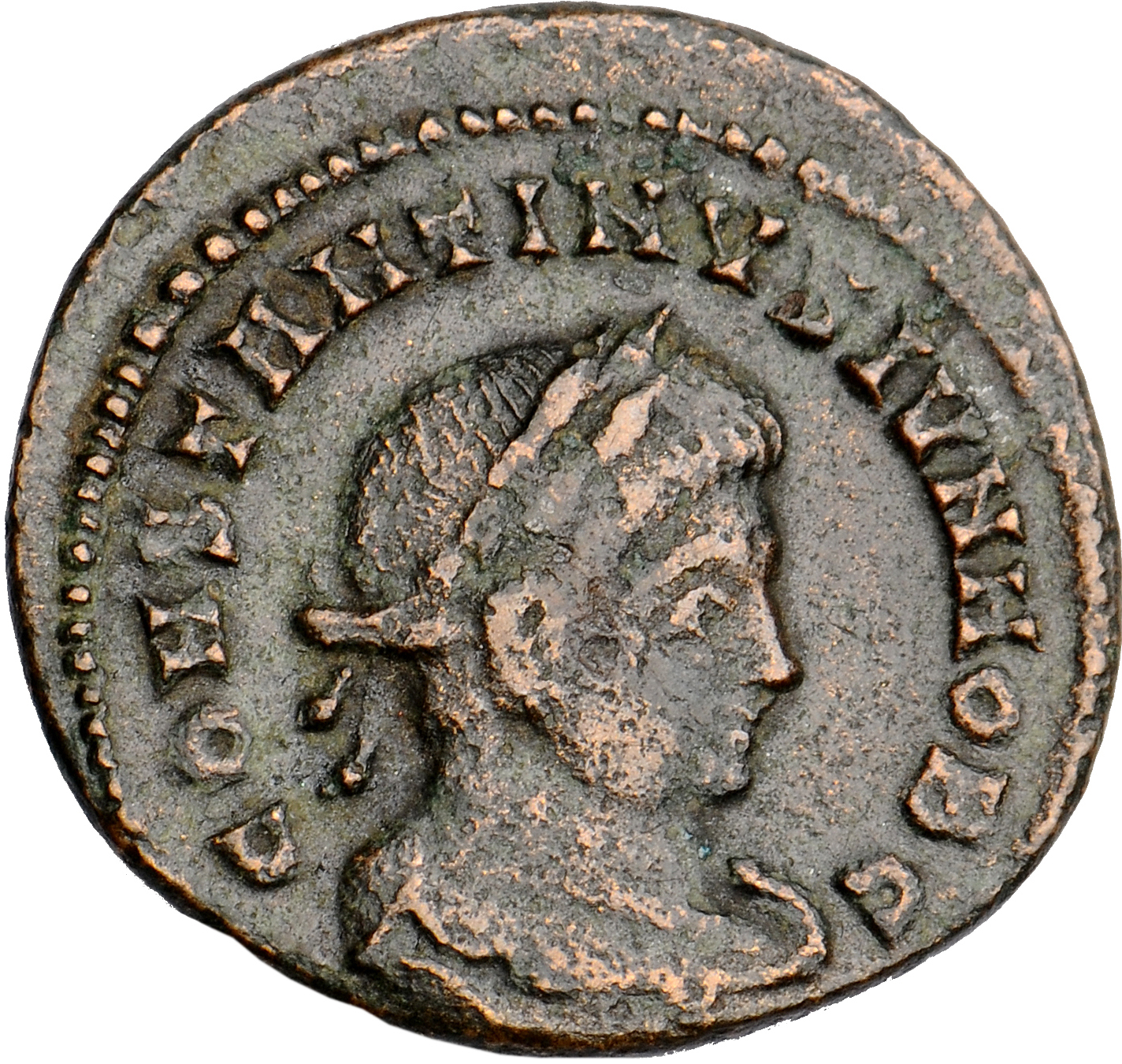 RIC VII Lugdunum 229 Constantine I obverse, Bust of Constantine II, laureate, draped, cuirassed, right, seen from behind