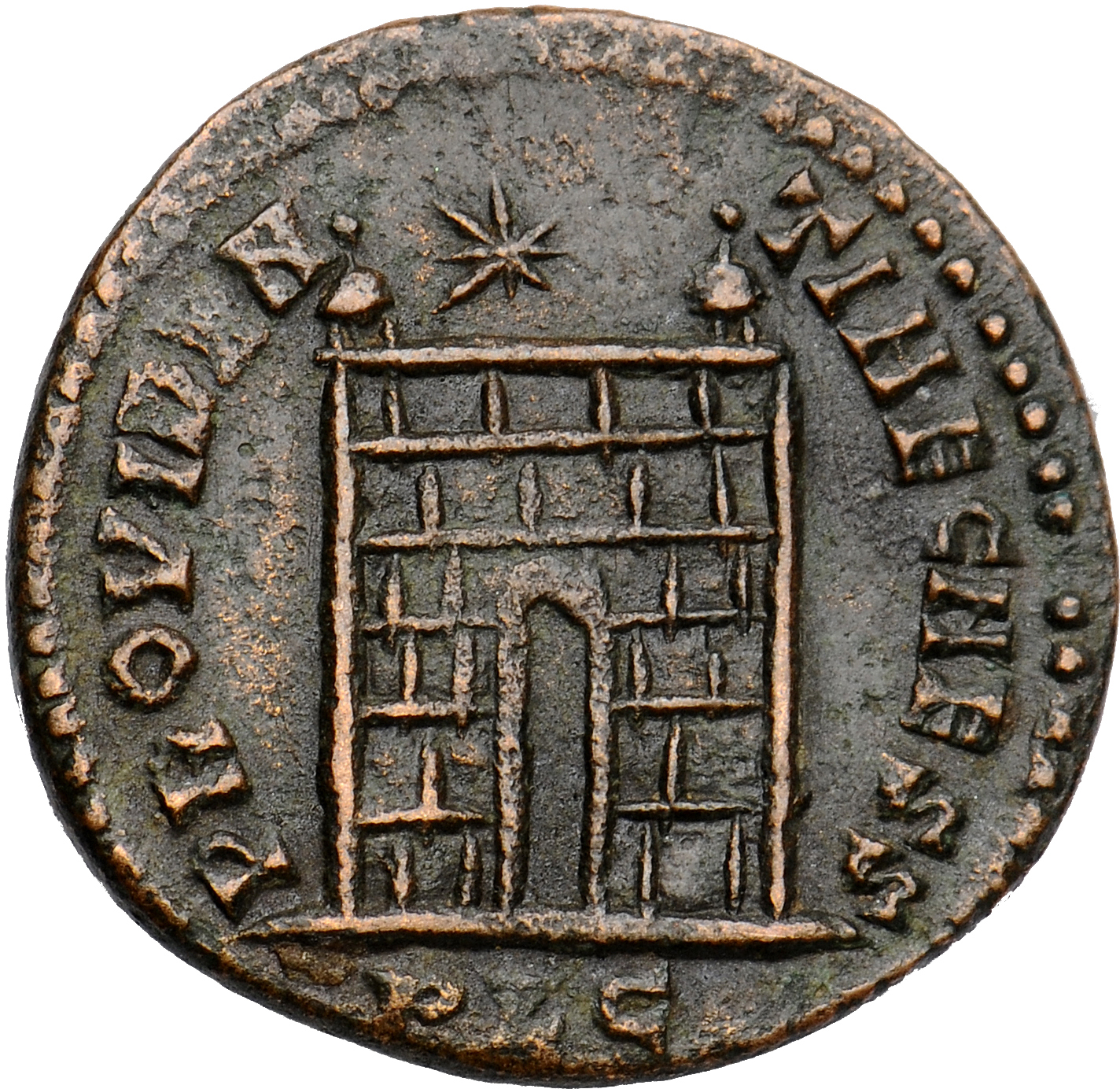 RIC VII Lugdunum 229 Constantine I reverse, Camp gate with two turrets, without doors, with six stone layers; star above