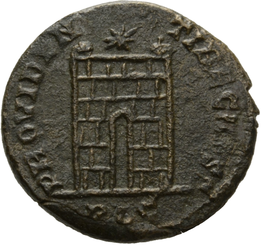 RIC VII Lugdunum 231 Constantine I reverse, Camp gate with two turrets, without doors, with six stone layers; star above