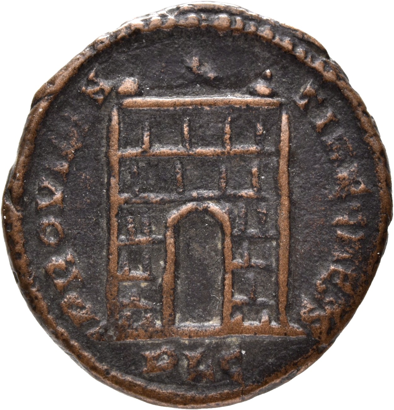 Constantine I reverse — Camp gate with two turrets, without doors, with six stone layers; star above
