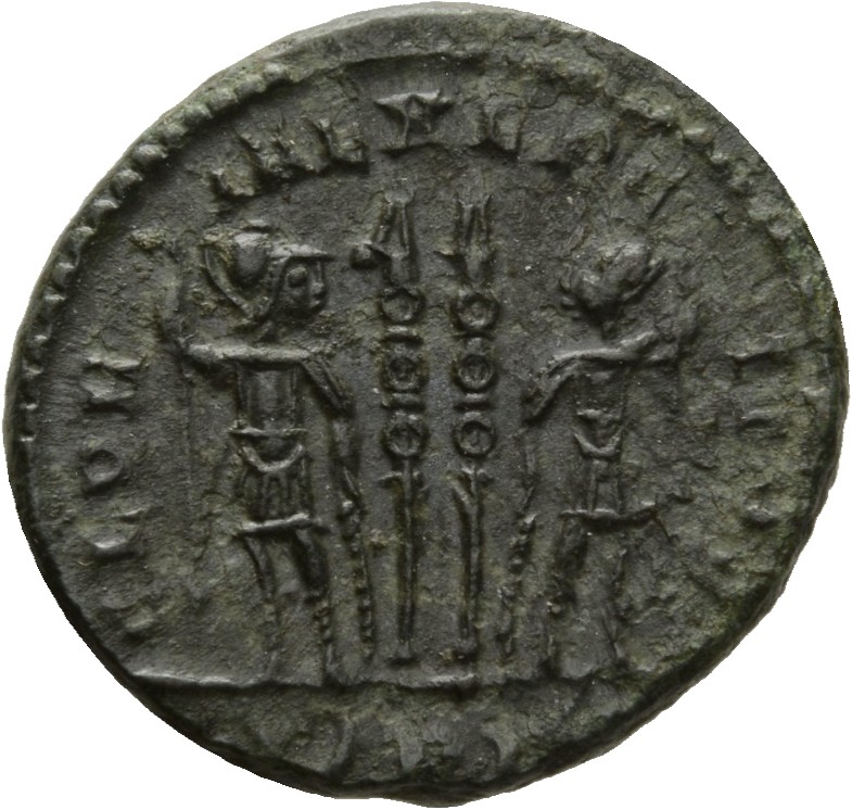 RIC VII Lugdunum 236 Constantine I reverse, Two soldiers, helmeted, draped, cuirassed, standing facing each other, each ho...