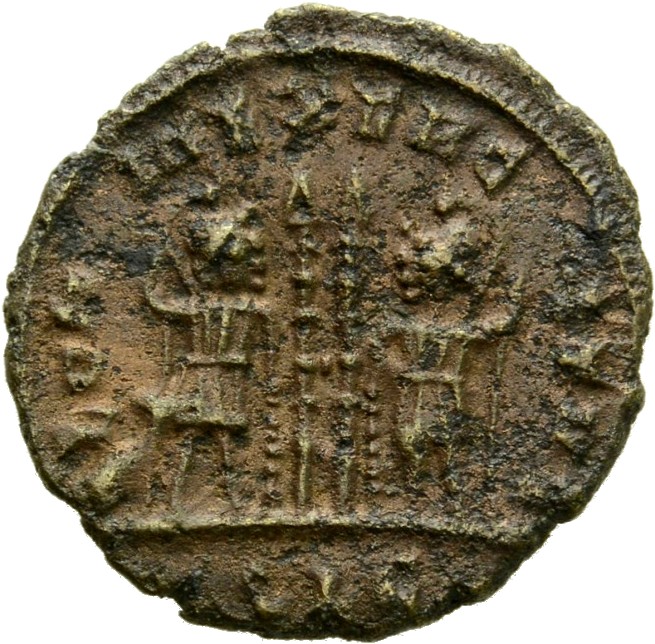 RIC VII Lugdunum 238 Constantine I reverse, Two soldiers, helmeted, draped, cuirassed, standing facing each other, each ho...