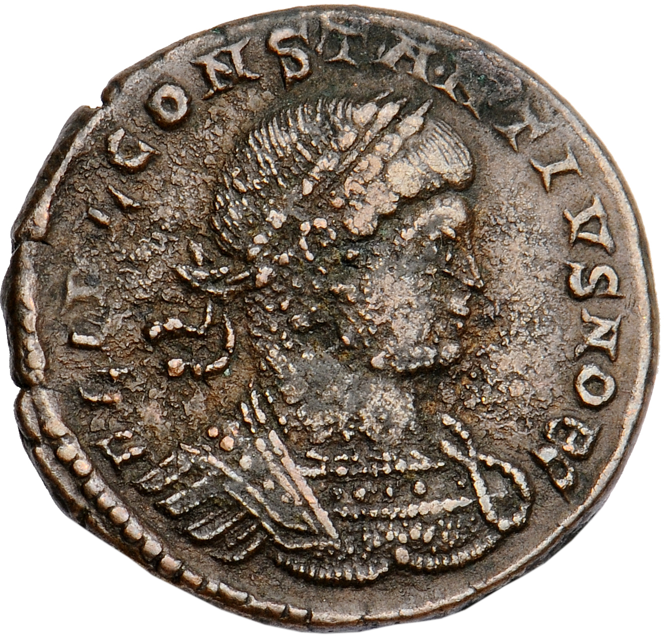 RIC VII Lugdunum 240 Constantine I obverse, Bust of Constantius II, laureate, cuirassed, right