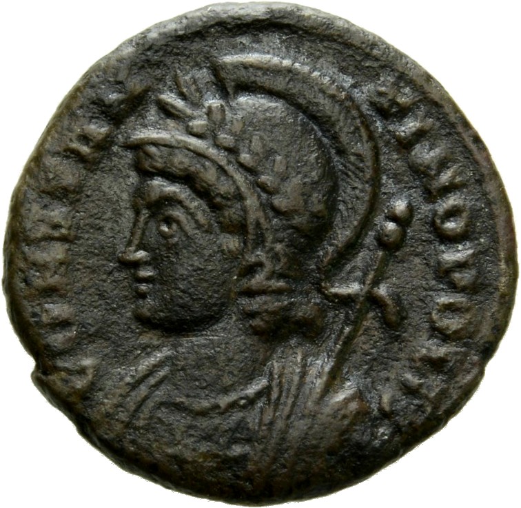 RIC VII Lugdunum 241 Constantine I obverse, Bust of Constantinopolis, laureate, helmeted, wearing imperial cloak, left, ho...