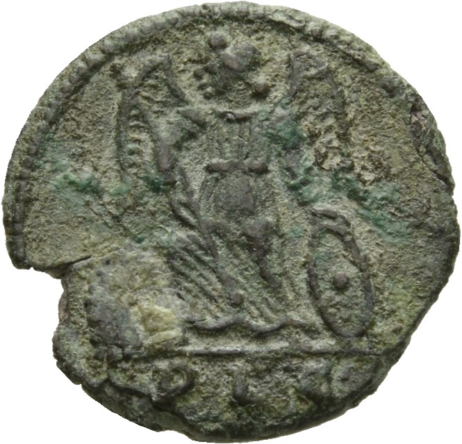 RIC VII Lugdunum 241 Constantine I reverse, Victory, winged, draped, standing left on prow, holding spear in right hand an...