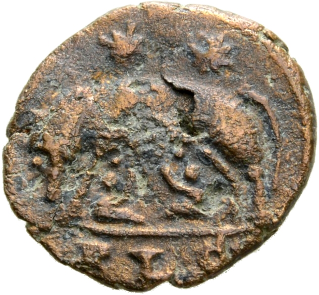RIC VII Lugdunum 242 Constantine I reverse, She-wolf, standing left, suckling twins; above, two stars