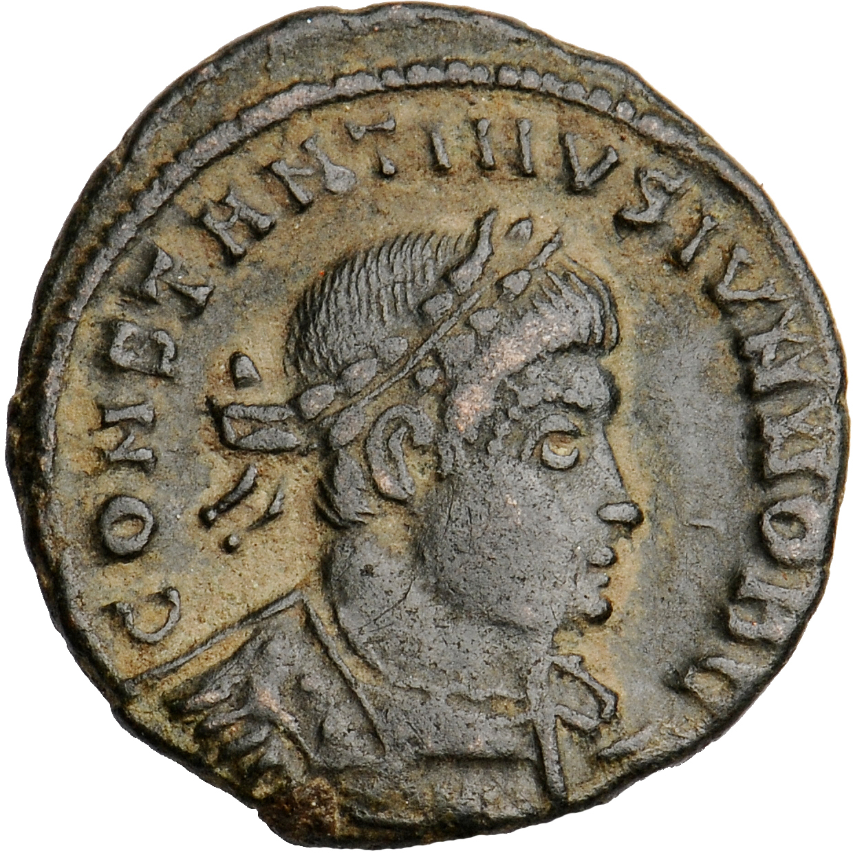 RIC VII Lugdunum 244 Constantine I obverse, Bust of Constantine II, laureate, cuirassed, right