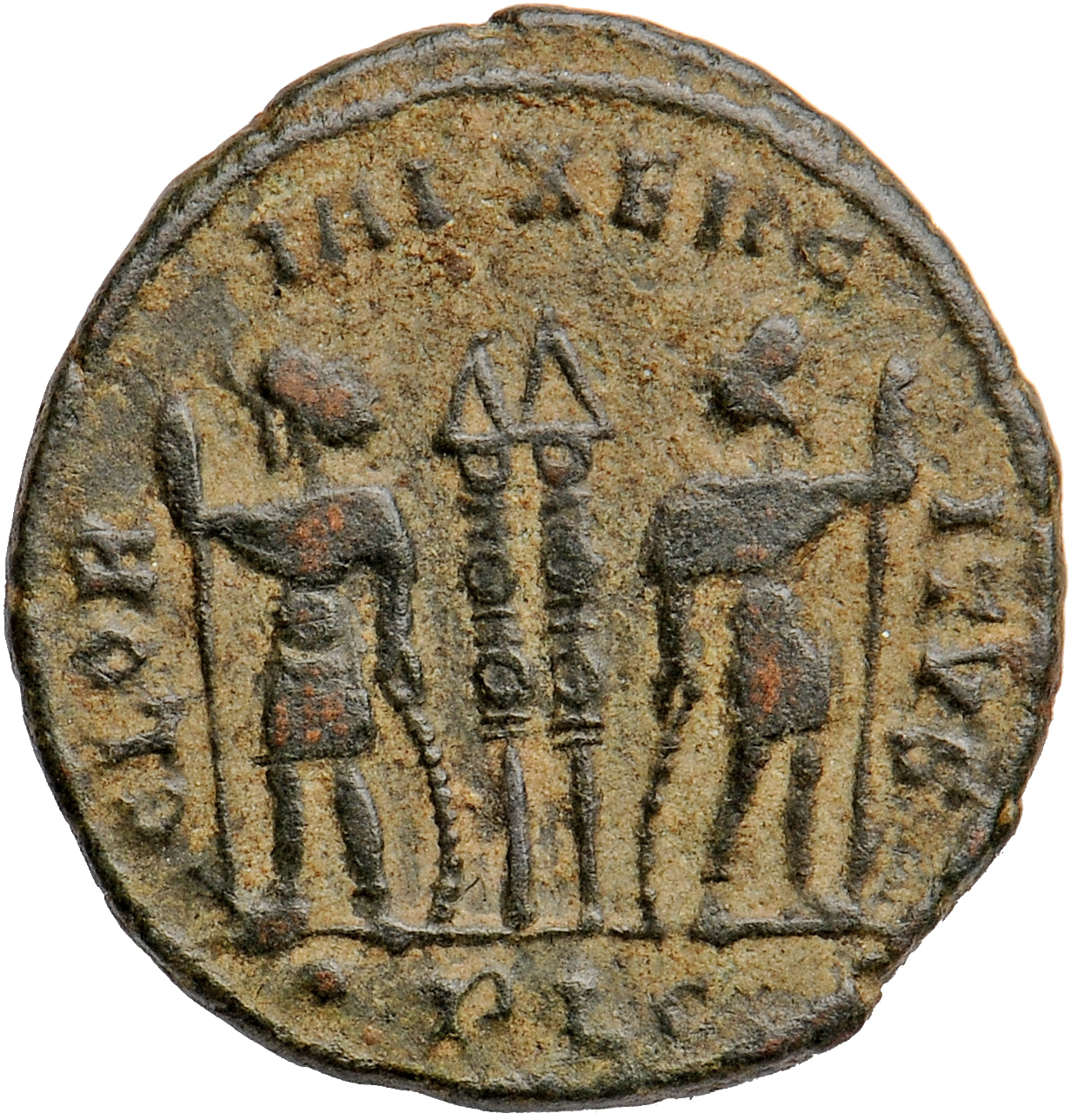 RIC VII Lugdunum 244 Constantine I reverse, Two soldiers, helmeted, draped, cuirassed, standing facing each other, each ho...
