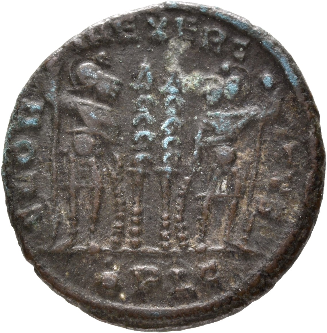 RIC VII Lugdunum 244 Constantine I reverse, Two soldiers, helmeted, draped, cuirassed, standing facing each other, each ho...