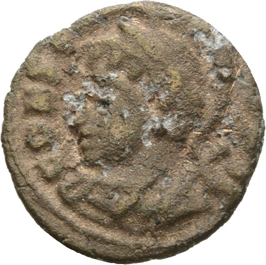 RIC VII Lugdunum 246 Constantine I obverse, Bust of Constantinopolis, laureate, helmeted, wearing imperial cloak, left, ho...