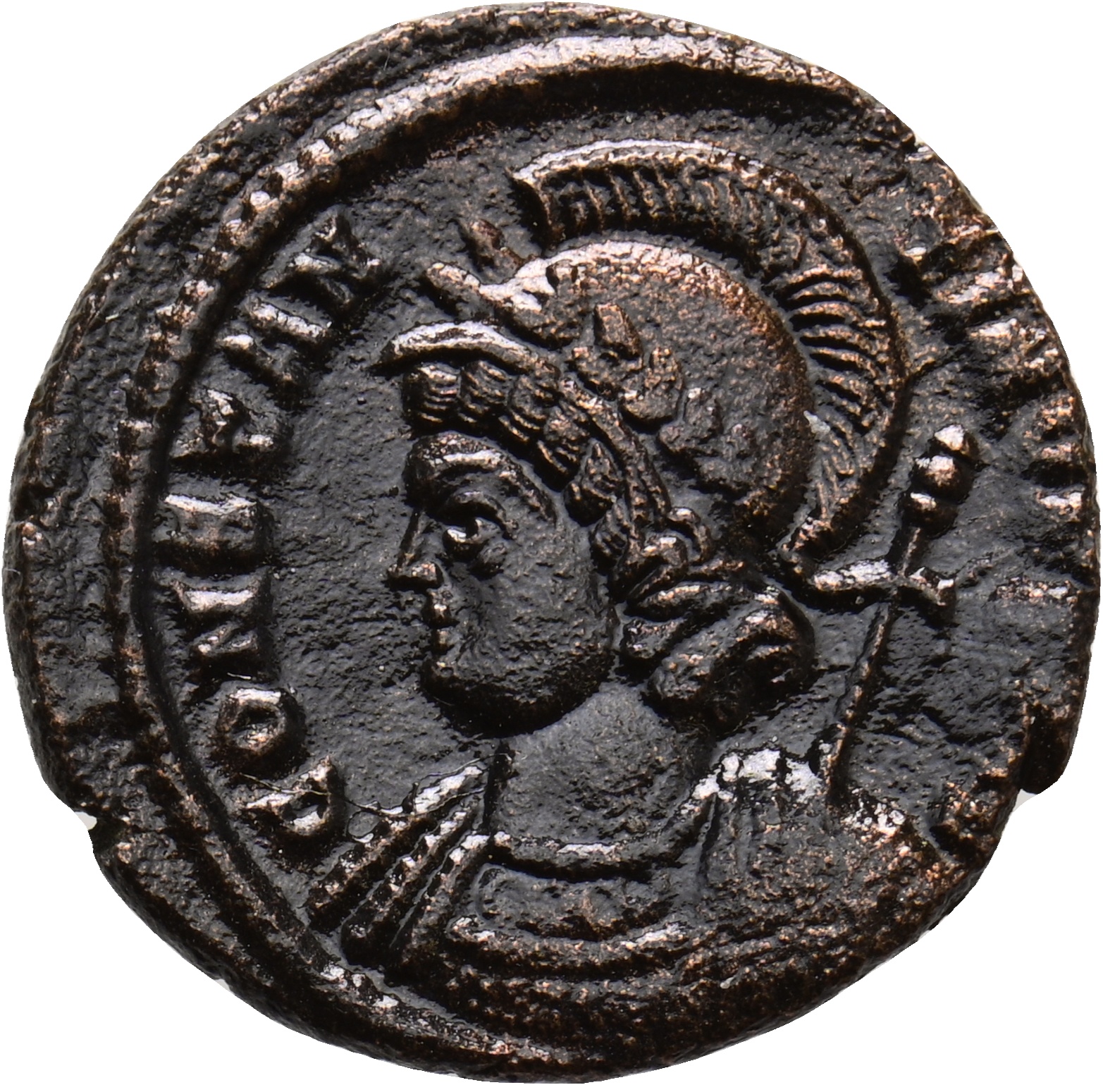 RIC VII Lugdunum 246 Constantine I obverse, Bust of Constantinopolis, laureate, helmeted, wearing imperial cloak, left, ho...