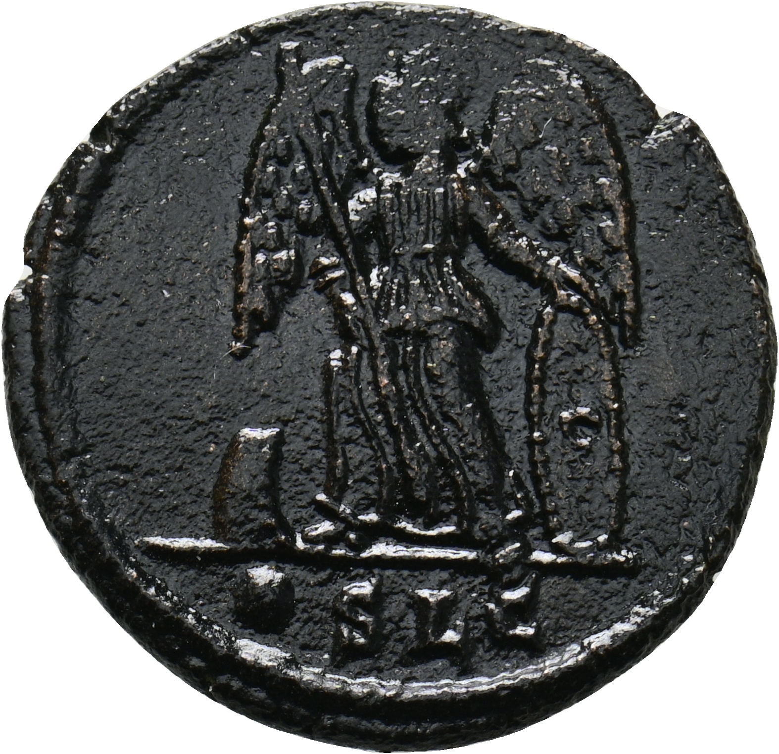 RIC VII Lugdunum 246 Constantine I reverse, Victory, winged, draped, standing left on prow, holding spear in right hand an...