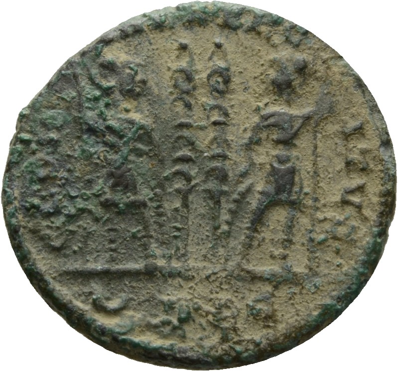 RIC VII Lugdunum 249 Constantine I reverse, Two soldiers, helmeted, draped, cuirassed, standing facing each other, each ho...