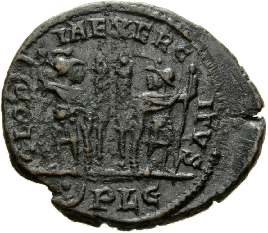 RIC VII Lugdunum 254 Constantine I reverse, Two soldiers, helmeted, draped, cuirassed, standing facing each other, each ho...
