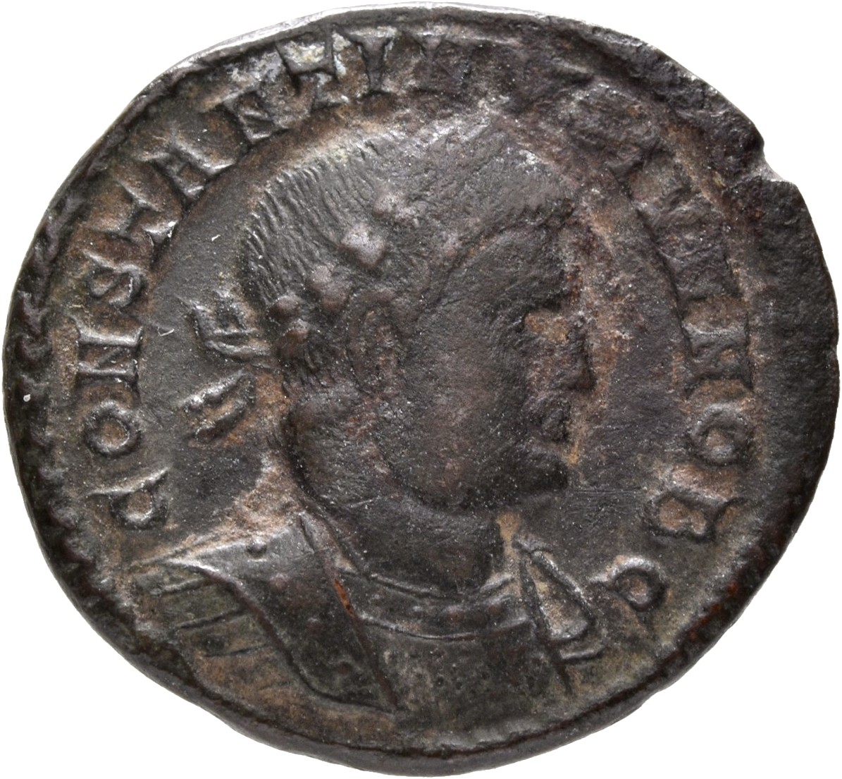 RIC VII Lugdunum 254 Constantine I obverse, Bust of Constantine II, laureate, cuirassed, right