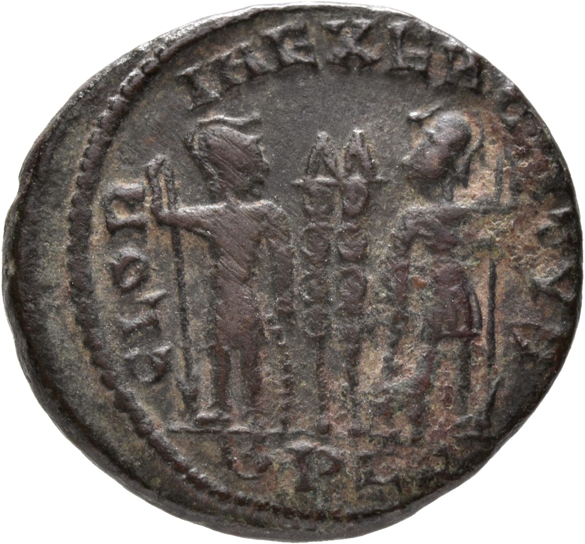 RIC VII Lugdunum 254 Constantine I reverse, Two soldiers, helmeted, draped, cuirassed, standing facing each other, each ho...
