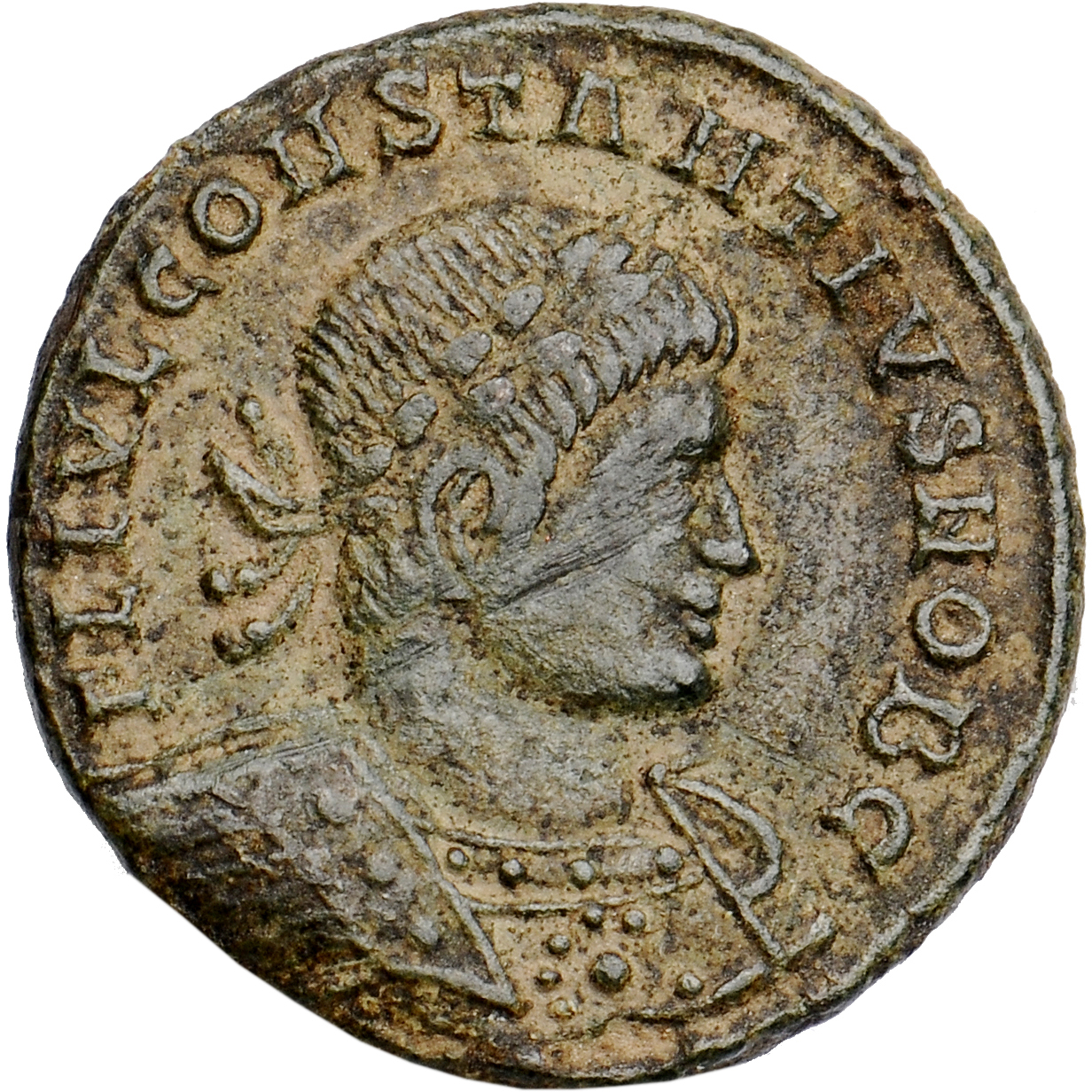 RIC VII Lugdunum 255 Constantine I obverse, Bust of Constantius II, laureate, cuirassed, right