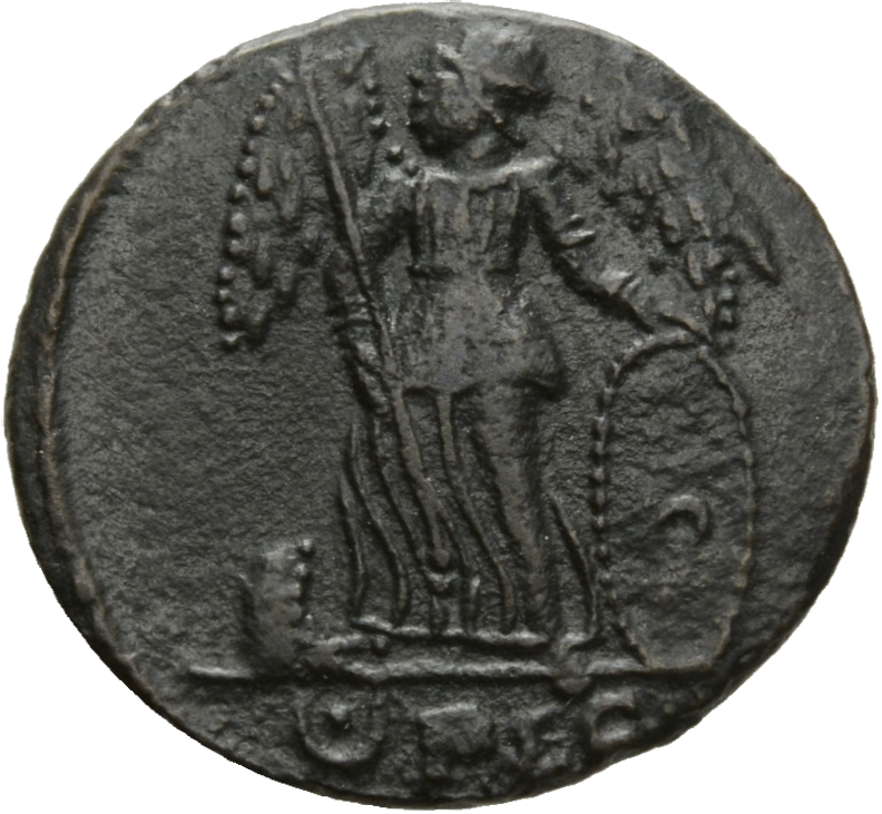 RIC VII Lugdunum 256 Constantine I reverse, Victory, winged, draped, standing left on prow, holding spear in right hand an...