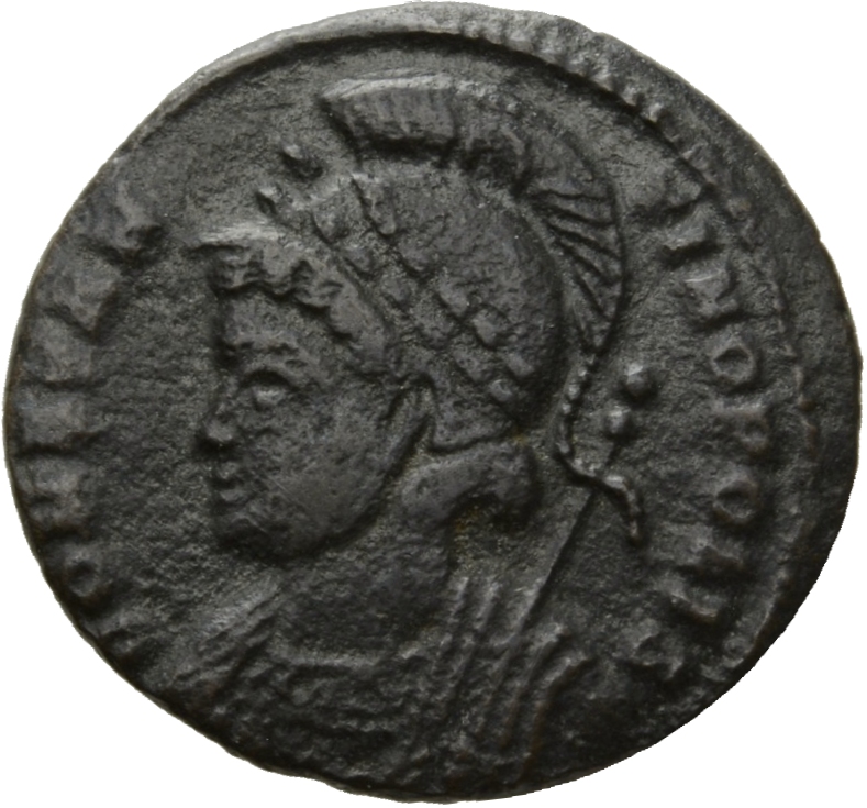 RIC VII Lugdunum 256 Constantine I obverse, Bust of Constantinopolis, laureate, helmeted, wearing imperial cloak, left, ho...
