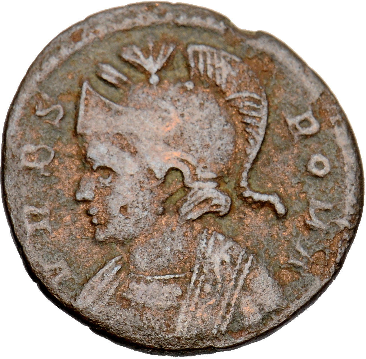 RIC VII Lugdunum 257 Constantine I obverse, Bust of Roma, helmeted, wearing imperial cloak, left