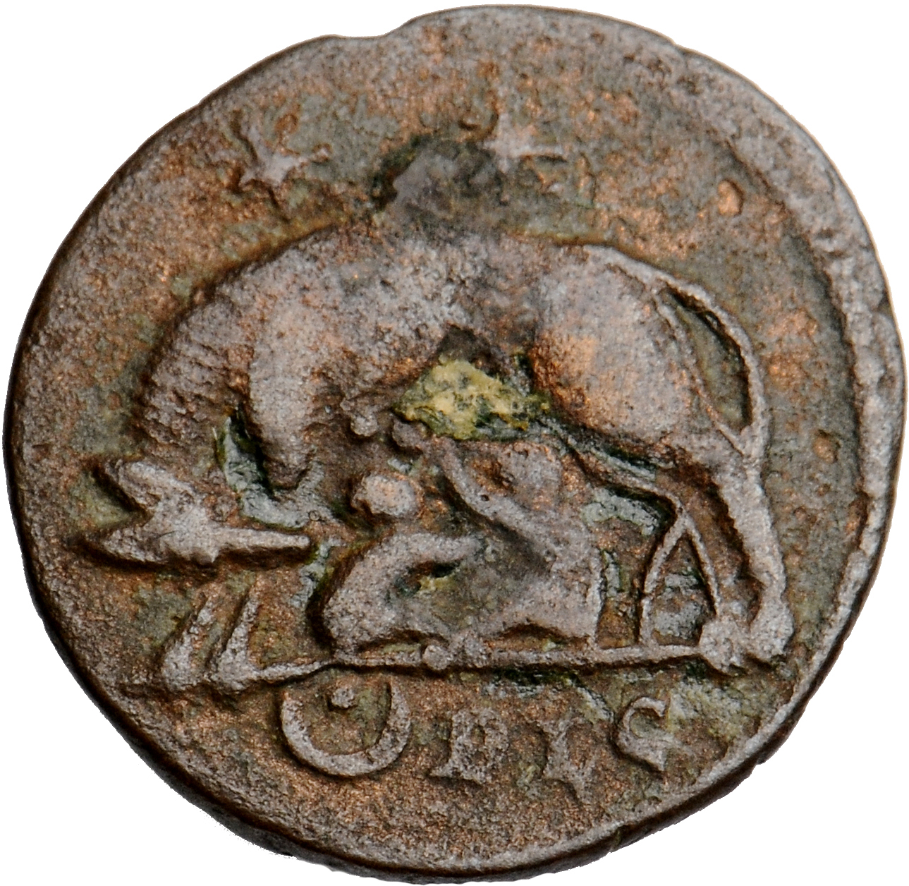 RIC VII Lugdunum 257 Constantine I reverse, She-wolf, standing left, suckling twins; above, two stars