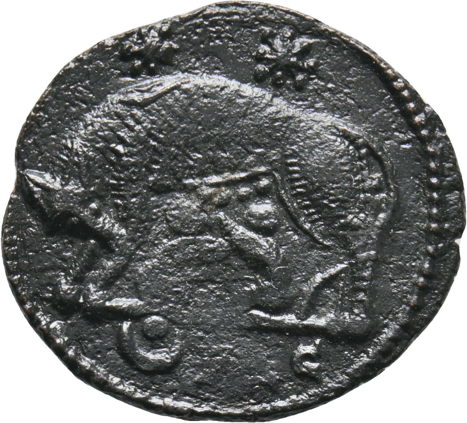 RIC VII Lugdunum 257 Constantine I reverse, She-wolf, standing left, suckling twins; above, two stars