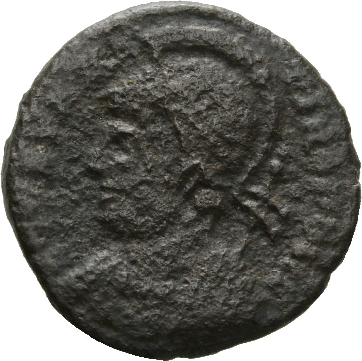 RIC VII Lugdunum 266 Constantine I obverse, Bust of Constantinopolis, laureate, helmeted, wearing imperial cloak, left, ho...