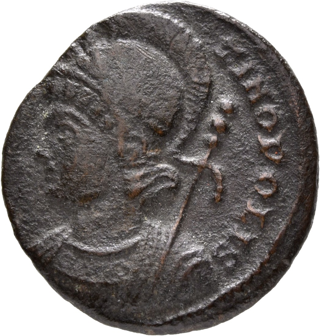 Constantine I obverse — Bust of Constantinopolis, laureate, helmeted, wearing imperial cloak, left, holding reversed spear in right hand