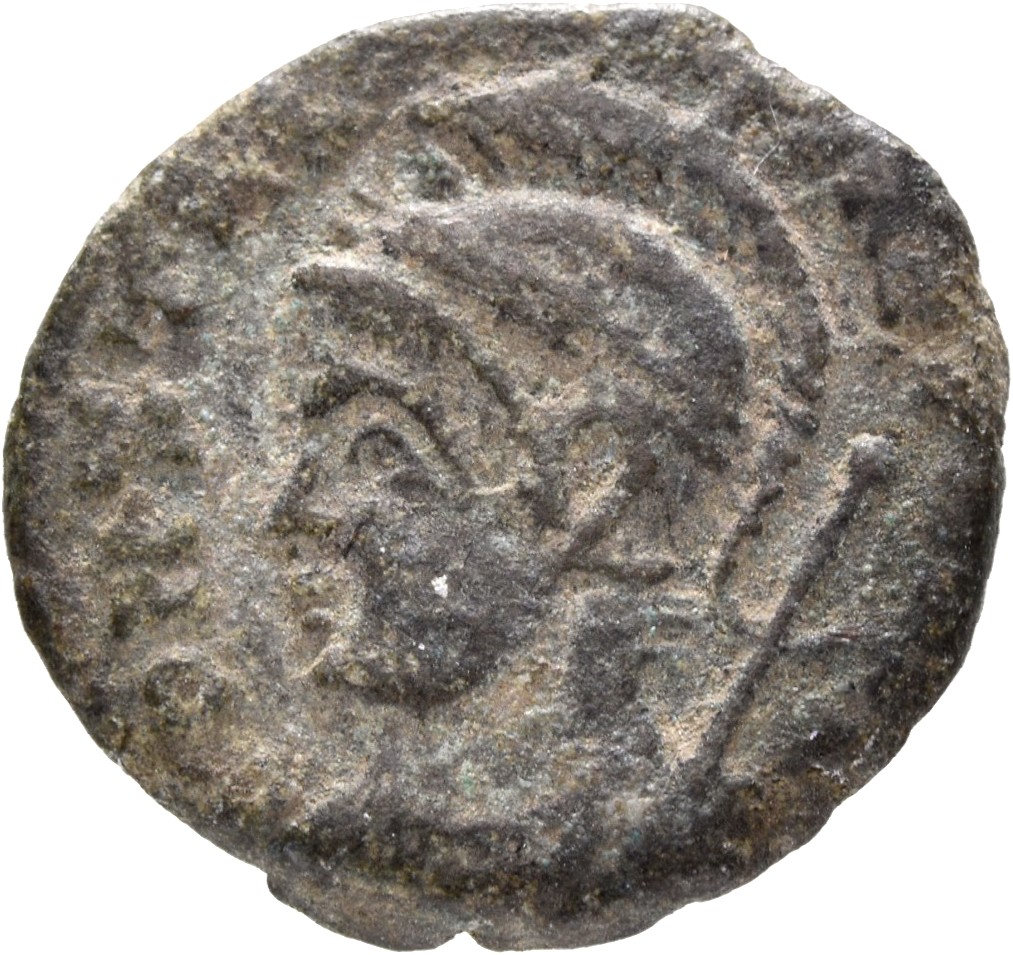RIC VII Lugdunum 273 Constantine I obverse, Bust of Constantinopolis, laureate, helmeted, wearing imperial cloak, left, ho...