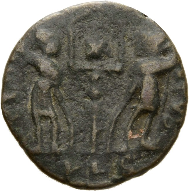 RIC VII Lugdunum 280 Constantine I reverse, Two soldiers, helmeted, draped, cuirassed, standing facing each other, each ho...
