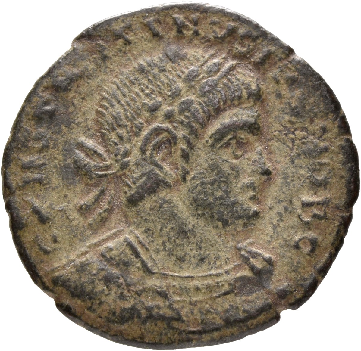 RIC VII Lugdunum 281 Constantine I obverse, Bust of Constantine II, laureate, cuirassed, right