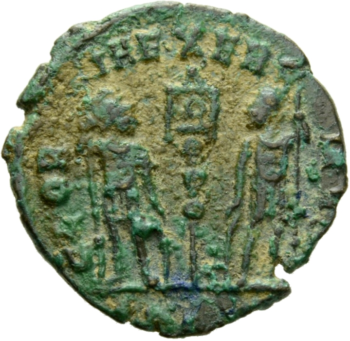 RIC VII Lugdunum 282 Constantine I reverse, Two soldiers, helmeted, draped, cuirassed, standing facing each other, each ho...
