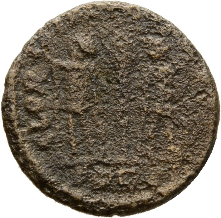 RIC VII Lugdunum 282 Constantine I reverse, Two soldiers, helmeted, draped, cuirassed, standing facing each other, each ho...